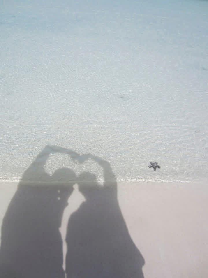 The shadows of Christy and her husband forming a heart on the beach beside a small starfish.